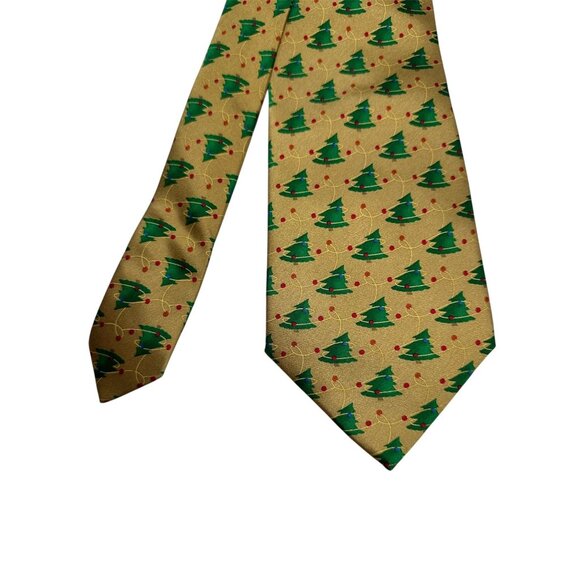 Holiday Traditions Christmas Tree Pattern Silk Tie Gold & Green By Hallmark Lice - Picture 2 of 8